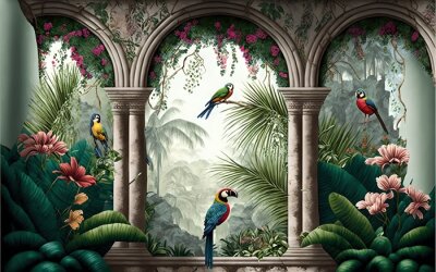 Papier peint  Tropical wall arch wallpaper palm trees birds and parro