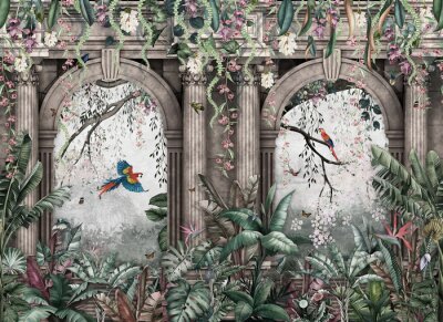 Papier peint  Tropical wall arch wallpaper palm trees, birds and parrot in the forest land escape with flying butterflies