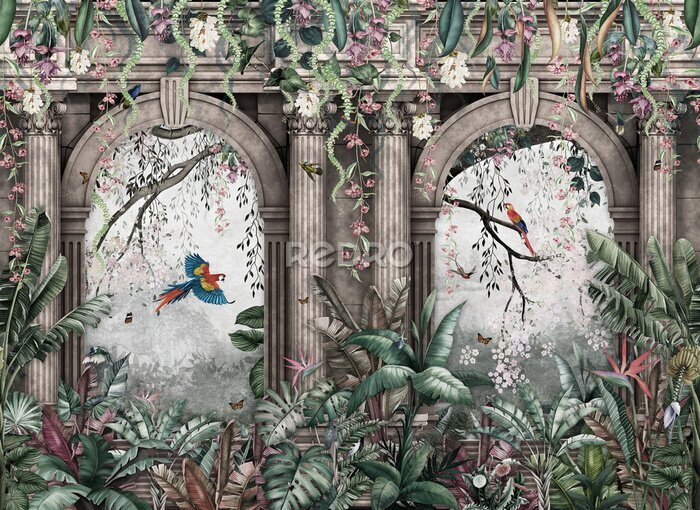 Papier peint  Tropical wall arch wallpaper palm trees, birds and parrot in the forest land escape with flying butterflies