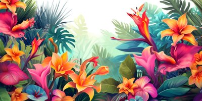 Papier peint  Tropical wallpaper with red flamingo flowers, exotic strelitzia, palm trees and banana leaves.