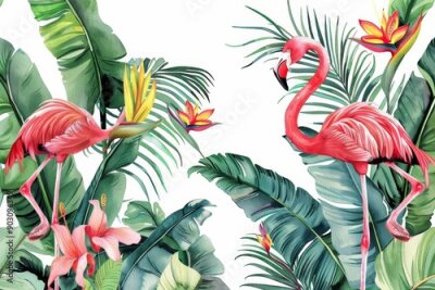 Papier peint  Tropical wallpaper with red flamingo flowers, exotic strelitzia, palm trees and banana leaves. Watercolor illustration on white background, Generative AI