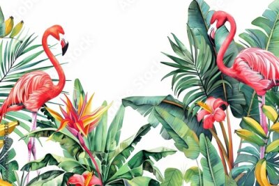 Papier peint  Tropical wallpaper with red flamingo flowers, exotic strelitzia, palm trees and banana leaves. Watercolor illustration on white background, Generative AI