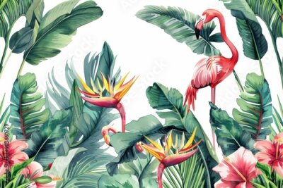 Papier peint  Tropical wallpaper with red flamingo flowers, exotic strelitzia, palm trees and banana leaves. Watercolor illustration on white background, Generative AI