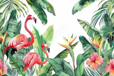Papier peint  Tropical wallpaper with red flamingo flowers, exotic strelitzia, palm trees and banana leaves. Watercolor illustration on white background, Generative AI