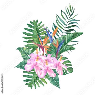 Papier peint  Tropical watercolor bouquet with palm leaves and hibiscus and strelitzia flowers.