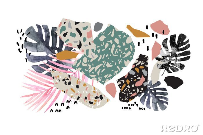 Papier peint  Tropical watercolor leaves, turned edge geometric shapes, terrazzo flooring elements collage