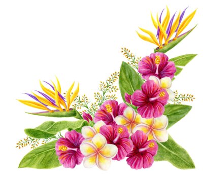 Papier peint  Tropical watercolor painting corner ornament with hibiscus, strelitzia, paradise bird flowers, and palm leaves. Design bouquet element. Aloha Hawaii greeting.