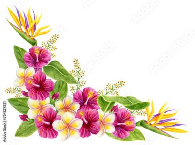 Papier peint  Tropical watercolor painting corner ornament with hibiscus, strelitzia, paradise bird flowers, and palm leaves. Design bouquet element. Aloha Hawaii greeting.