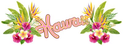 Papier peint  Tropical watercolor painting with strelitzia, hibiscus rose flowers, frangipani and palm leaves. Design border element. Aloha Hawaii greeting.