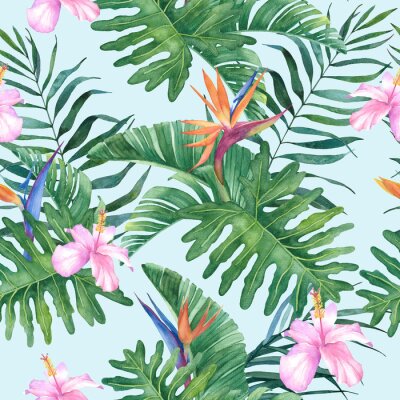 Papier peint  Tropical watercolor seamless pattern with exotic hibiscus and strelitzia flowers and leaves on a blue background.