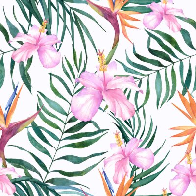 Papier peint  Tropical watercolor seamless pattern with hibiscus and strelitzia on white background. Jungle. For the design and production of fabrics and paper, invitations and postcards.