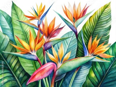 Papier peint  Tropical Watercolor Strelitzia Flowers, Minimalist Art, Exotic Leaves, Botanical Illustration