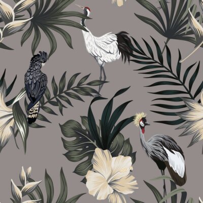 Papier peint  Tropical white hibiscus, strelitzia flower, crane bird, black parrot floral green palm leaves seamless pattern grey background. Exotic jungle wallpaper.