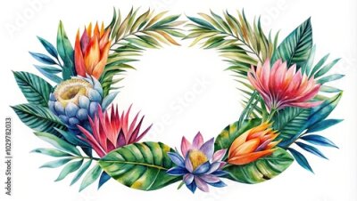 Papier peint  Tropical wreath with vibrant protea and strelitzia flowers, deep blue palm leaves reflected in water