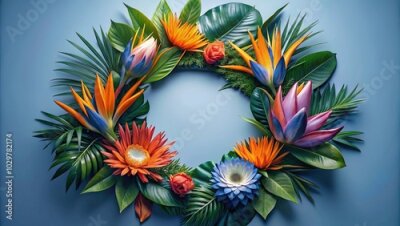 Papier peint  Tropical wreath with watercolor bright protea and strelitzia flowers and deep blue palm leaves