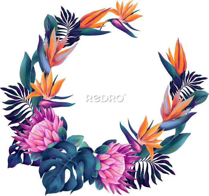 Papier peint  Tropical wreath with watercolor bright protea and strelitzia flowers and deep blue palm leaves