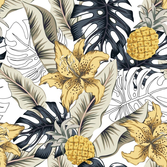 Papier peint  Tropical yellow lily flowers, pineapples, monstera palm leaves, white background. Vector seamless pattern. Jungle foliage illustration. Exotic plants. Summer beach floral design. Paradise nature
