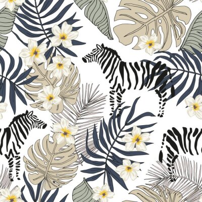 Tropical zebra animal, plumeria flowers, monstera palm leaves, white background. Vector seamless pattern illustration. Summer beach floral design. Exotic jungle plants. Paradise nature