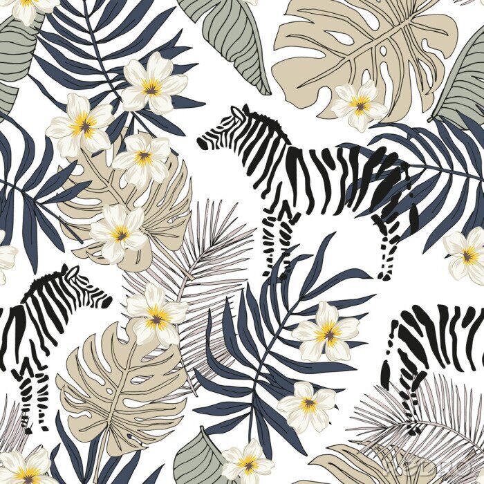 Papier peint  Tropical zebra animal, plumeria flowers, monstera palm leaves, white background. Vector seamless pattern illustration. Summer beach floral design. Exotic jungle plants. Paradise nature