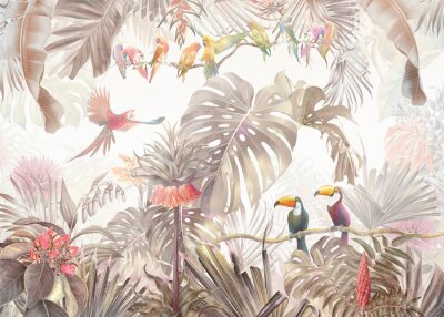 Papier peint  Tropiques exotiques et perroquets