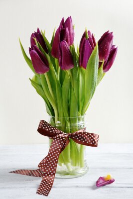 Tulipes dans un vase avec un ruban