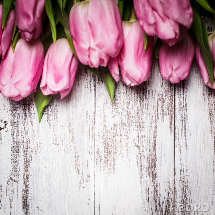 Papier peint  Tulipes roses sur table en bois