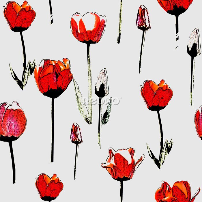 Papier peint  Tulipes rouges de style vintage sur un fond gris