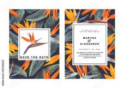 Papier peint  Two postcards with bright tropical flowers of Strelitzia, Bird of Paradise. Templates with place for your text, suitable for designing social media posts, gift cards, wedding invitations