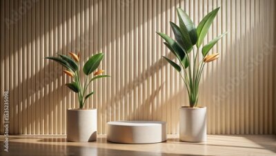 Papier peint  Two potted strelitzia plants with orange flowers stand on a wooden floor against a slatted wall, creating a minimalist home decor scene