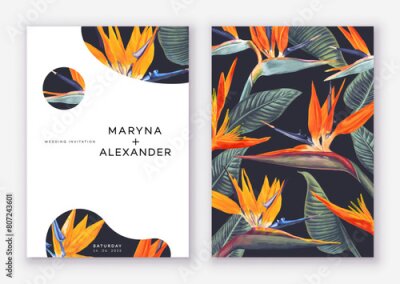 Papier peint  Two templates for greeting card, wedding invitation, save the date, poster or banner for social media advertising with realistic flowers birds of paradise or cranberry flowers. Strelitzia