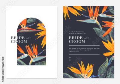 Papier peint  Two templates for greeting card, wedding invitation, save the date, poster or banner for social media advertising with realistic flowers Strelitzia, Bird of Paradise, Crane flower. 