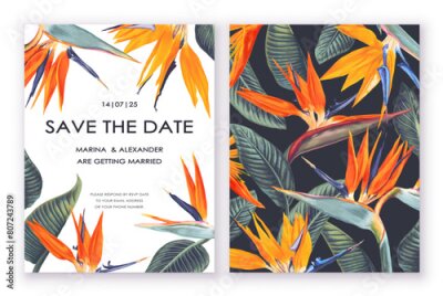 Papier peint  Two templates for postcards, flyers, or posts in social networks, place for text. Design with Strelitzia regal, tropical flowers and leaves on white and dark background. A South African plant