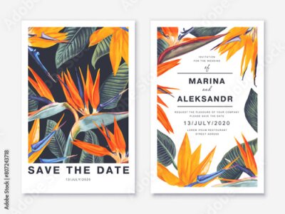 Papier peint  Two tropical, trendy, design template for poster, greeting or invitation, cover, party, advertisement, sale banner. Background of tropical leaves and flowers of Strelitzia Reginae with space for text.