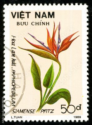 Papier peint  Ukraine - vers 2018: Un timbre imprimé au Vietnam montre la fleur Strelitzia reginae. Série: Fleurs. Circa 1989.