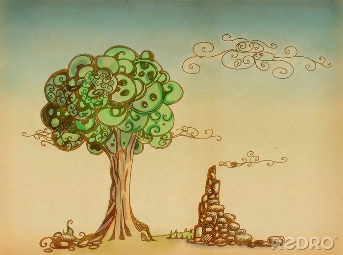 Papier peint  Un arbre et les ruines d'un bâtiment