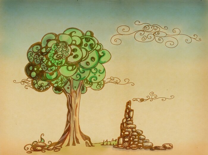 Papier peint  Un arbre et les ruines d'un bâtiment