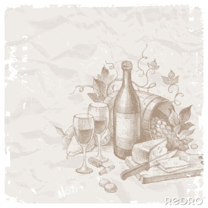 Papier peint  Un baril de verres à fromage et une bouteille de vin