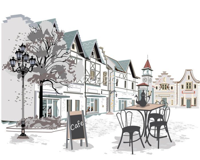 Papier peint  Un café de la vieille ville dans un style aquarelle