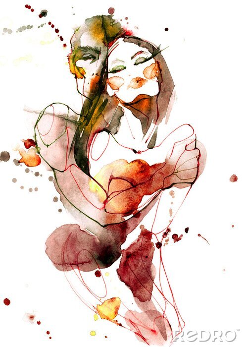 Papier peint  Un couple enlacé à l'aquarelle