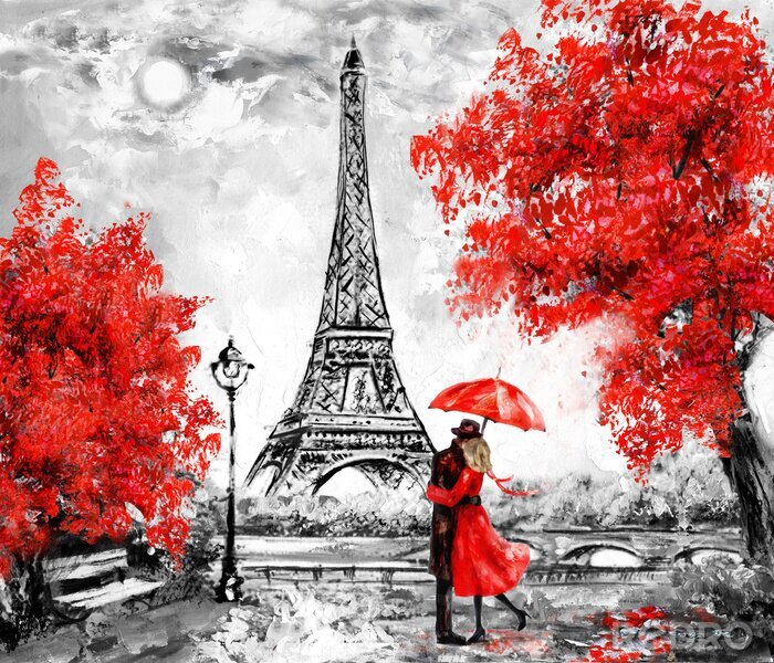 Papier peint  Un couple sous un parapluie avec la tour Eiffel en arrière-plan