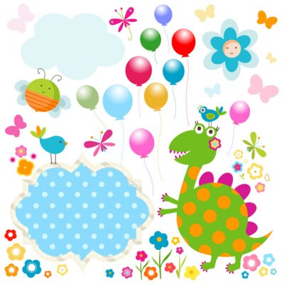Un dinosaure coloré parmi des motifs joyeux arc-en-ciel