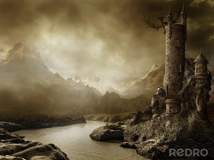 Papier peint  Un dragon défendant un château