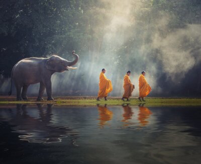Un éléphant et trois moines