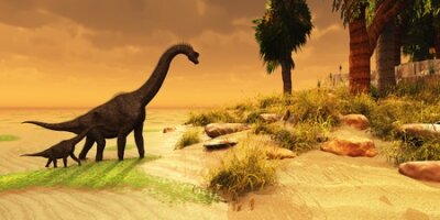 Papier peint  Un grand et un petit dinosaure sur une île