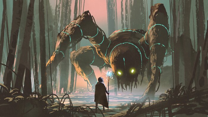 Papier peint  Un jeune magicien et une créature fantastique géante