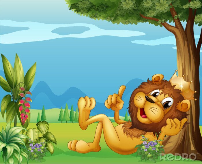 Papier peint  Un lion de roi de détente sous un grand arbre