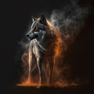 Papier peint  Un loup dans une bouffée de fumée sur fond noir