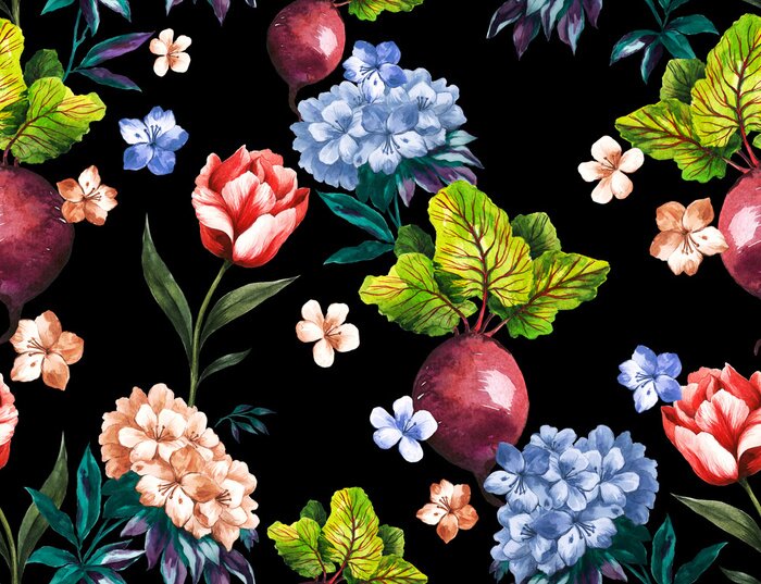 Papier peint  Un motif coloré de légumes et de fleurs