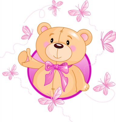 Un ours en peluche rougissant avec un nœud rose