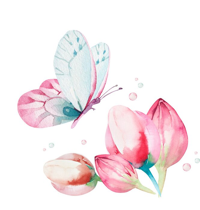 Papier peint  Un papillon aquarelle volant vers une fleur